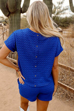 Load image into Gallery viewer, Sky Blue Jacquard Textured Buttoned Tee and Shorts Set - Fashion Queen -  2

