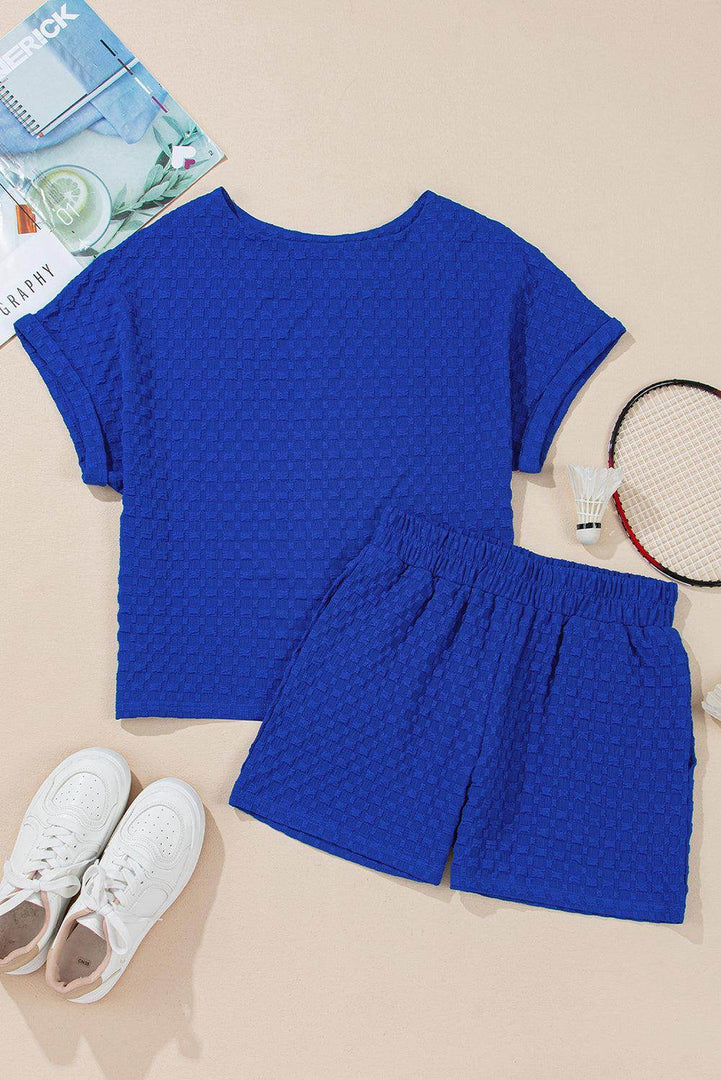 Sky Blue Jacquard Textured Buttoned Tee and Shorts Set - Fashion Queen -  8
