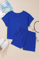 Load image into Gallery viewer, Sky Blue Jacquard Textured Buttoned Tee and Shorts Set - Fashion Queen -  9
