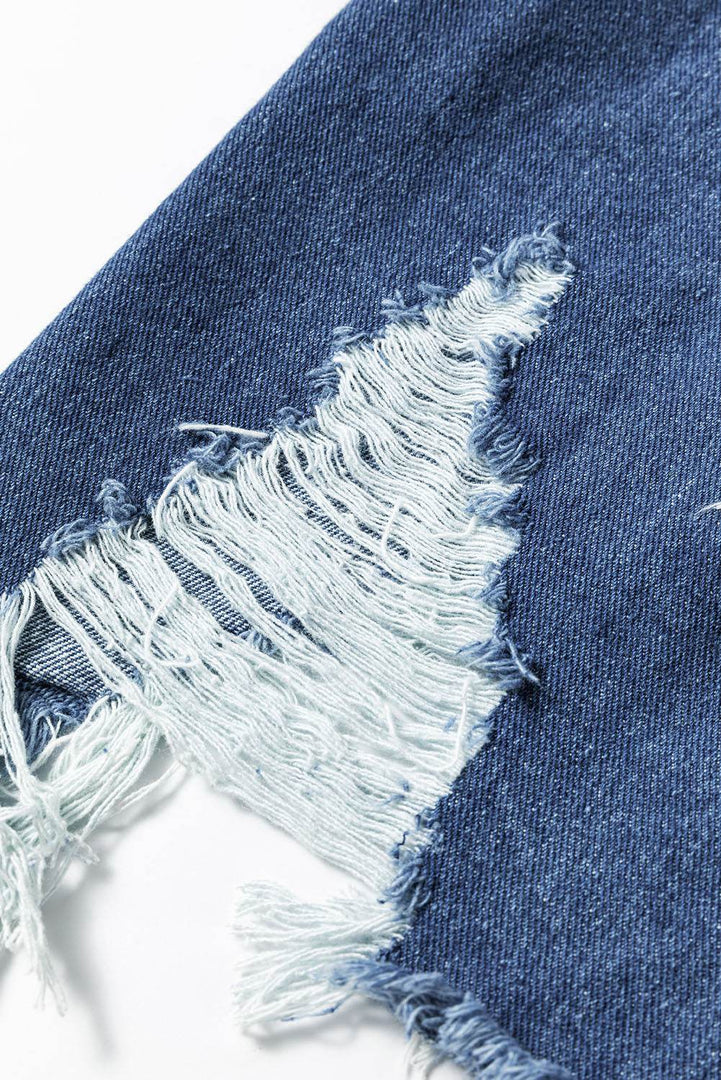 Sky Blue Light Wash Distressed Frayed Long Denim Jacket - Fashion Queen -  10