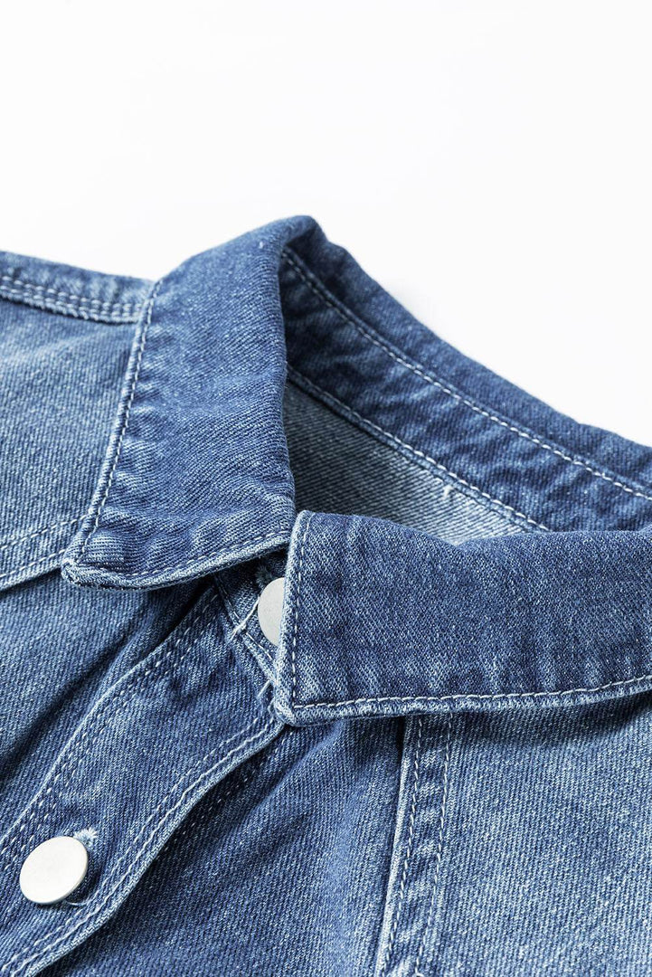 Sky Blue Light Wash Distressed Frayed Long Denim Jacket - Fashion Queen -  14