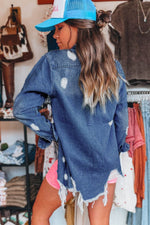 Load image into Gallery viewer, Sky Blue Light Wash Distressed Frayed Long Denim Jacket - Fashion Queen -  2
