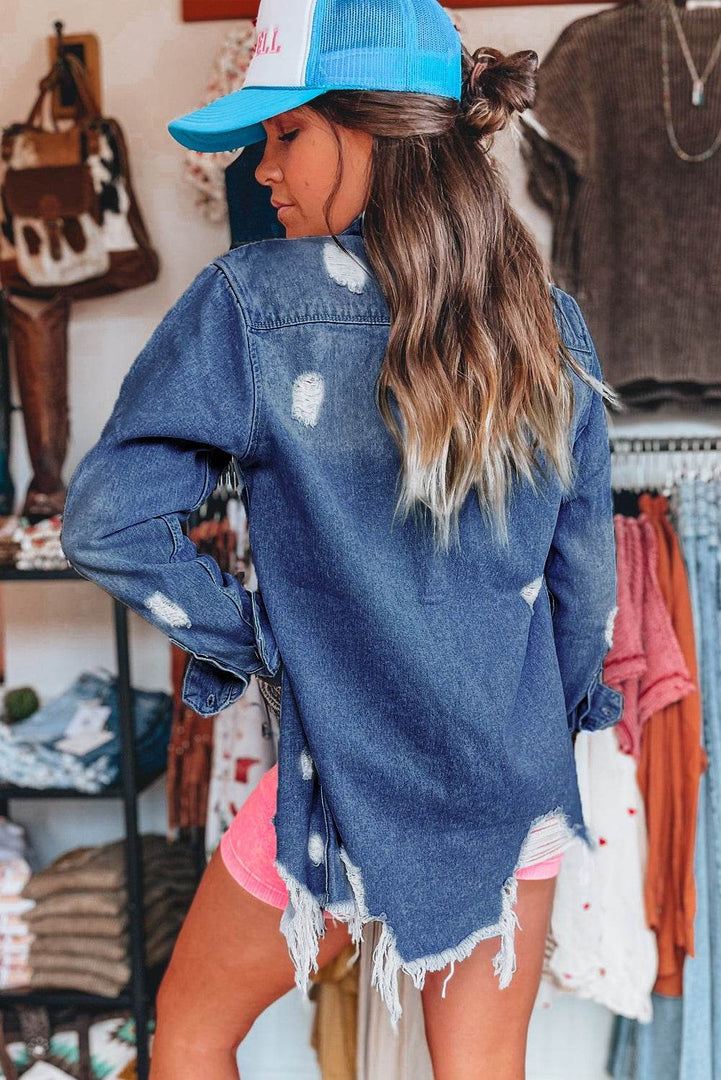 Sky Blue Light Wash Distressed Frayed Long Denim Jacket - Fashion Queen -  2