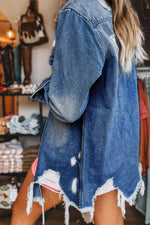 Load image into Gallery viewer, Sky Blue Light Wash Distressed Frayed Long Denim Jacket - Fashion Queen -  3
