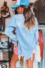 Load image into Gallery viewer, Sky Blue Light Wash Distressed Frayed Long Denim Jacket - Fashion Queen -  5
