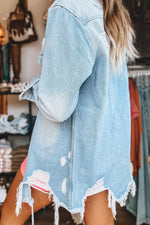 Load image into Gallery viewer, Sky Blue Light Wash Distressed Frayed Long Denim Jacket - Fashion Queen -  6
