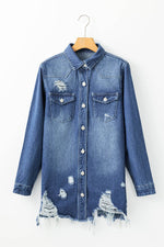Load image into Gallery viewer, Sky Blue Light Wash Distressed Frayed Long Denim Jacket - Fashion Queen -  8

