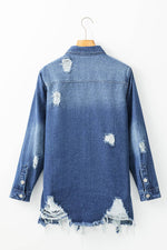 Load image into Gallery viewer, Sky Blue Light Wash Distressed Frayed Long Denim Jacket - Fashion Queen -  9
