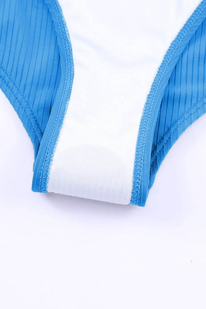 Sky Blue Orange Adjustable Straps Ribbed Knit One Piece Swimsuit - Fashion Queen -  11