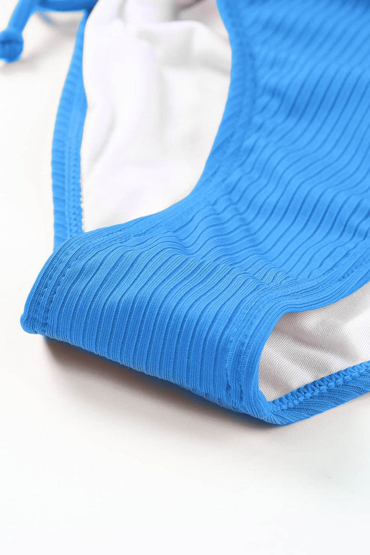 Sky Blue Orange Adjustable Straps Ribbed Knit One Piece Swimsuit - Fashion Queen -  15