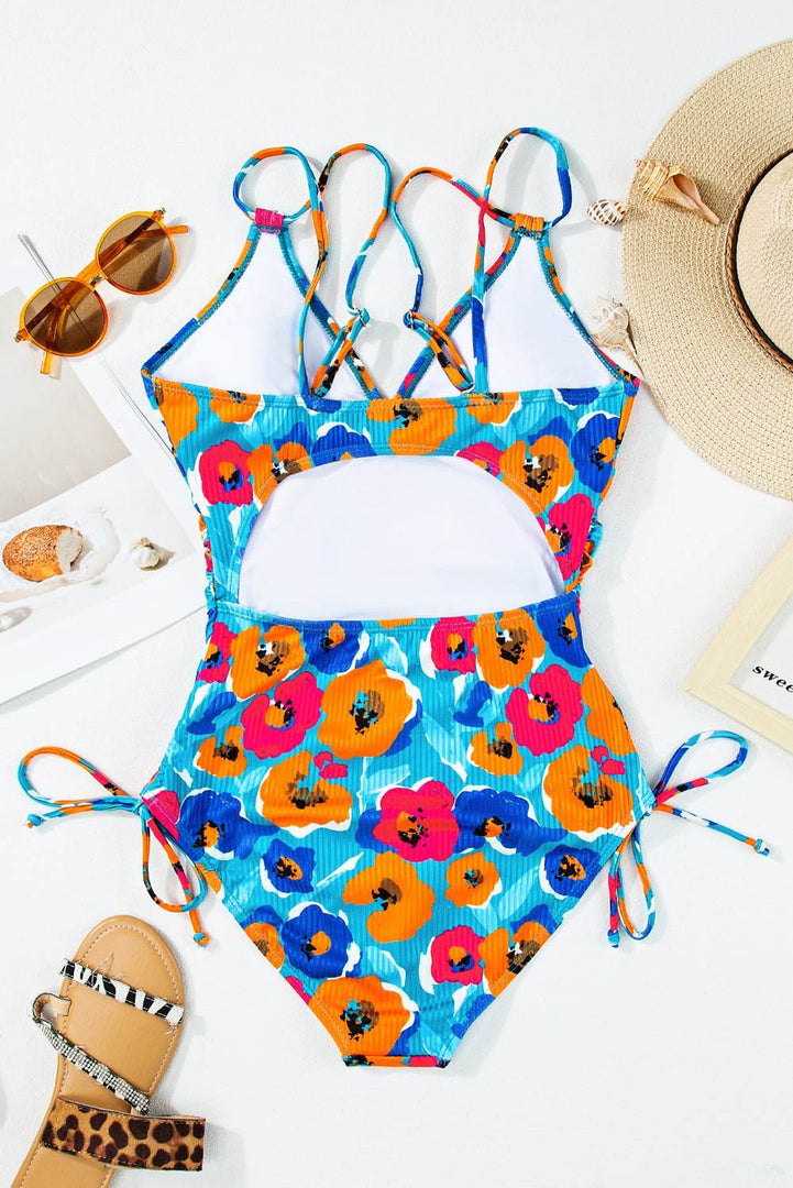 Sky Blue Orange Adjustable Straps Ribbed Knit One Piece Swimsuit - Fashion Queen -  18