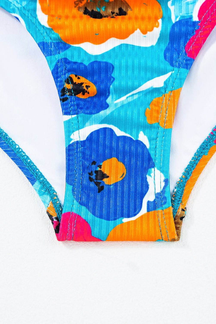 Sky Blue Orange Adjustable Straps Ribbed Knit One Piece Swimsuit - Fashion Queen -  20