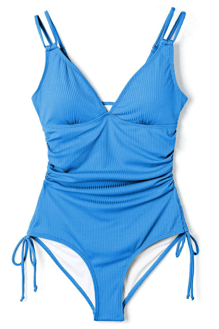 Sky Blue Orange Adjustable Straps Ribbed Knit One Piece Swimsuit - Fashion Queen -  6