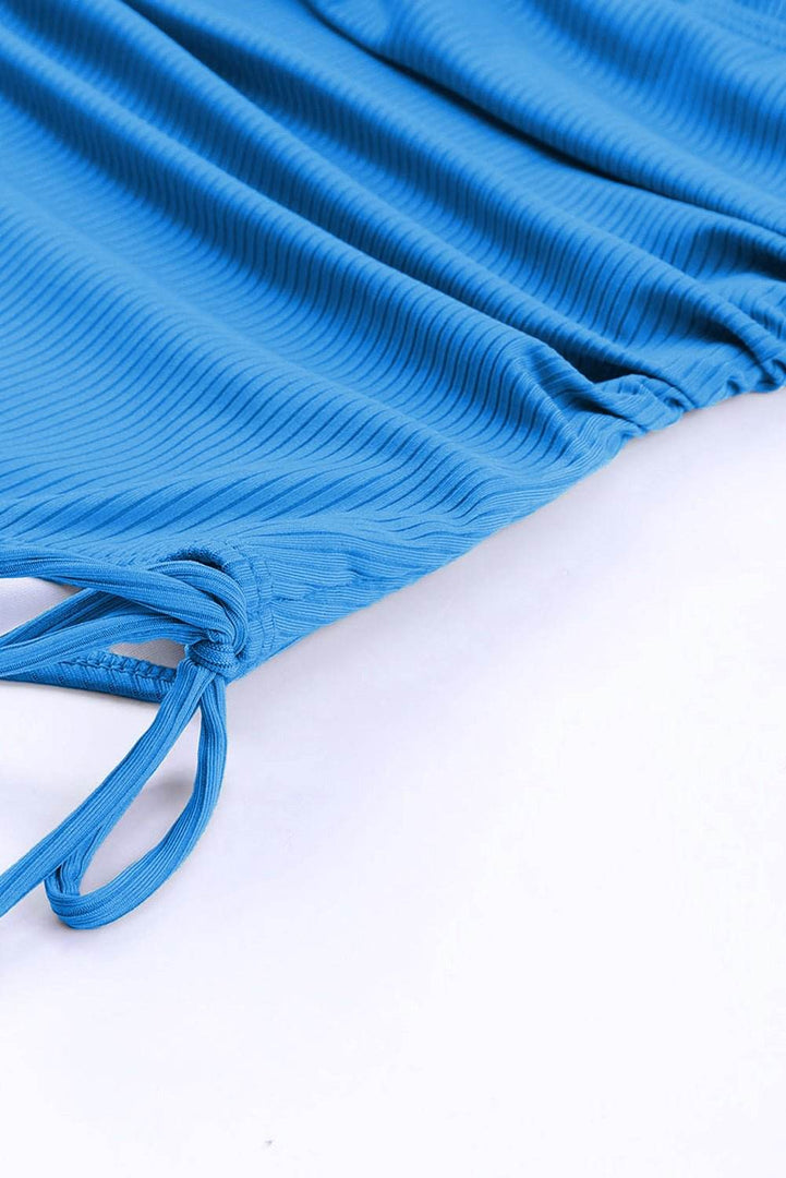Sky Blue Orange Adjustable Straps Ribbed Knit One Piece Swimsuit - Fashion Queen -  8