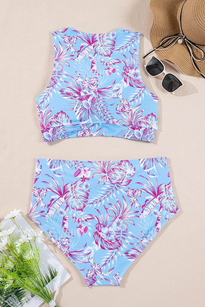 Sky Blue Plus Size Floral Print Twisted High Waist Bikini Set - Fashion Queen -  11