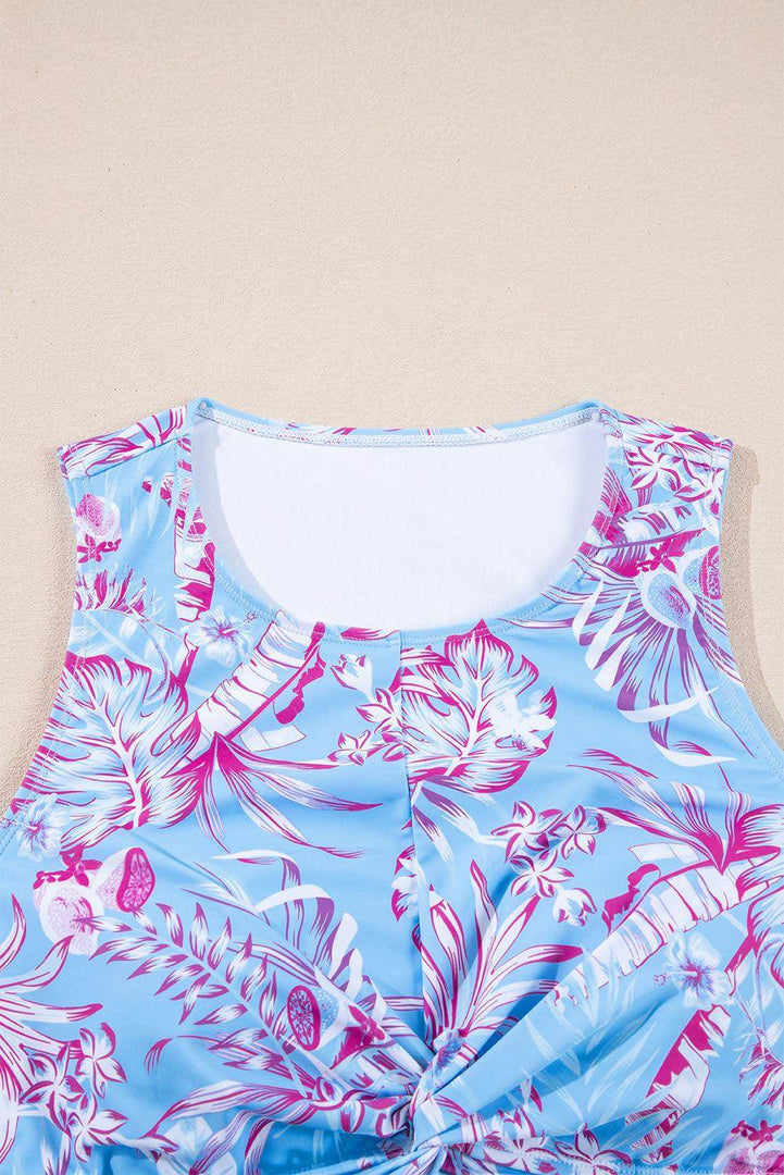 Sky Blue Plus Size Floral Print Twisted High Waist Bikini Set - Fashion Queen -  12