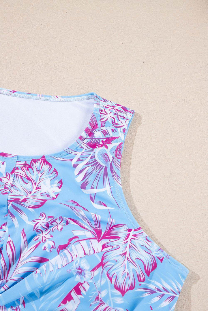 Sky Blue Plus Size Floral Print Twisted High Waist Bikini Set - Fashion Queen -  13
