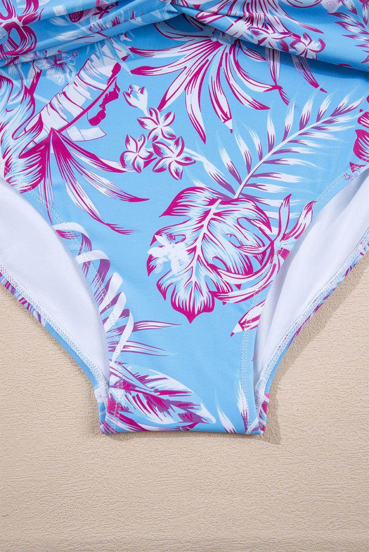 Sky Blue Plus Size Floral Print Twisted High Waist Bikini Set - Fashion Queen -  14