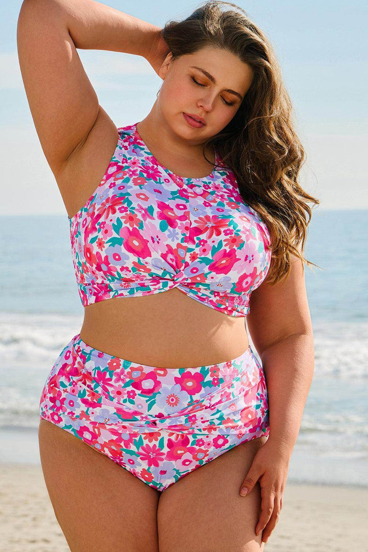 Sky Blue Plus Size Floral Print Twisted High Waist Bikini Set - Fashion Queen -  19