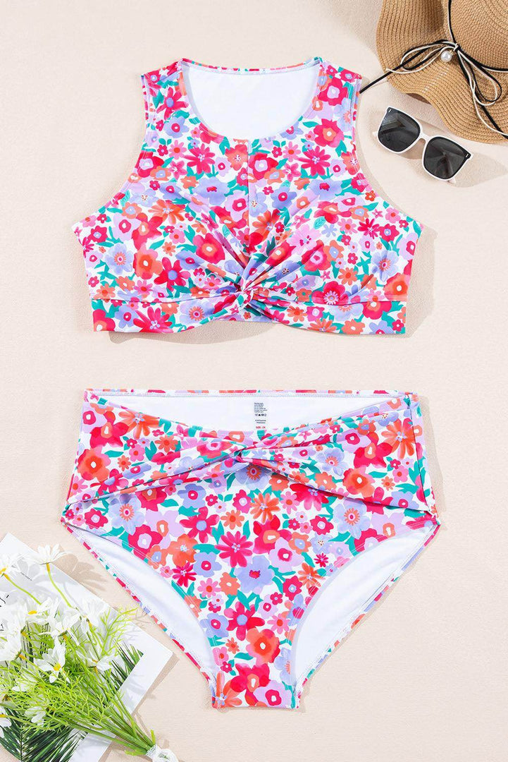 Sky Blue Plus Size Floral Print Twisted High Waist Bikini Set - Fashion Queen -  20