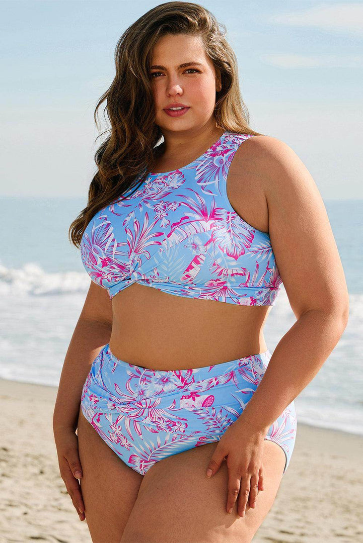 Sky Blue Plus Size Floral Print Twisted High Waist Bikini Set - Fashion Queen -  3