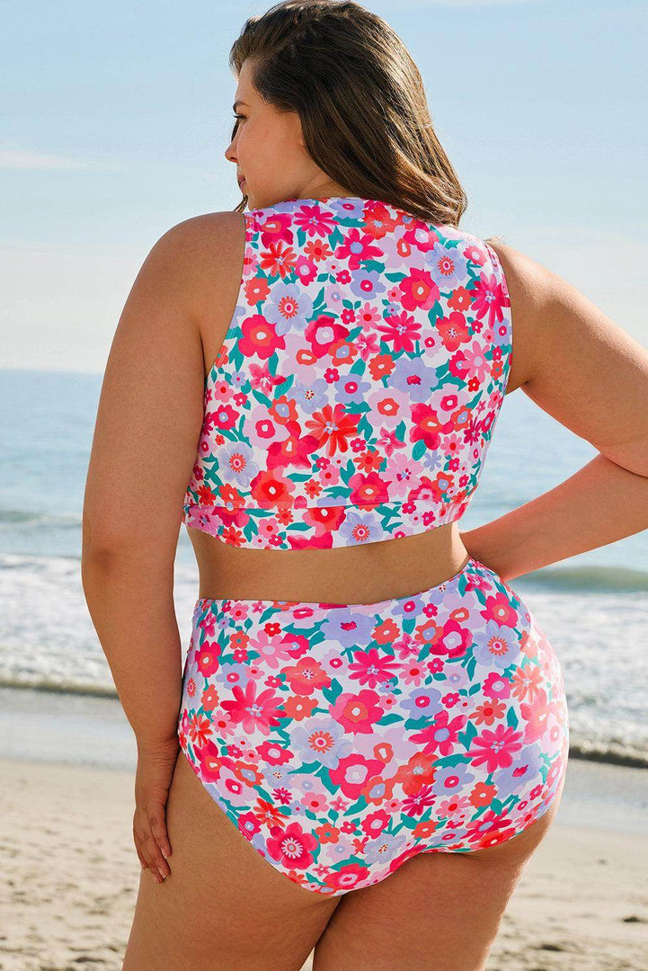 Sky Blue Plus Size Floral Print Twisted High Waist Bikini Set - Fashion Queen -  5