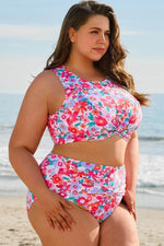 Load image into Gallery viewer, Sky Blue Plus Size Floral Print Twisted High Waist Bikini Set - Fashion Queen -  6
