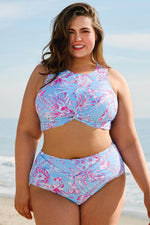 Load image into Gallery viewer, Sky Blue Plus Size Floral Print Twisted High Waist Bikini Set - Fashion Queen -  7
