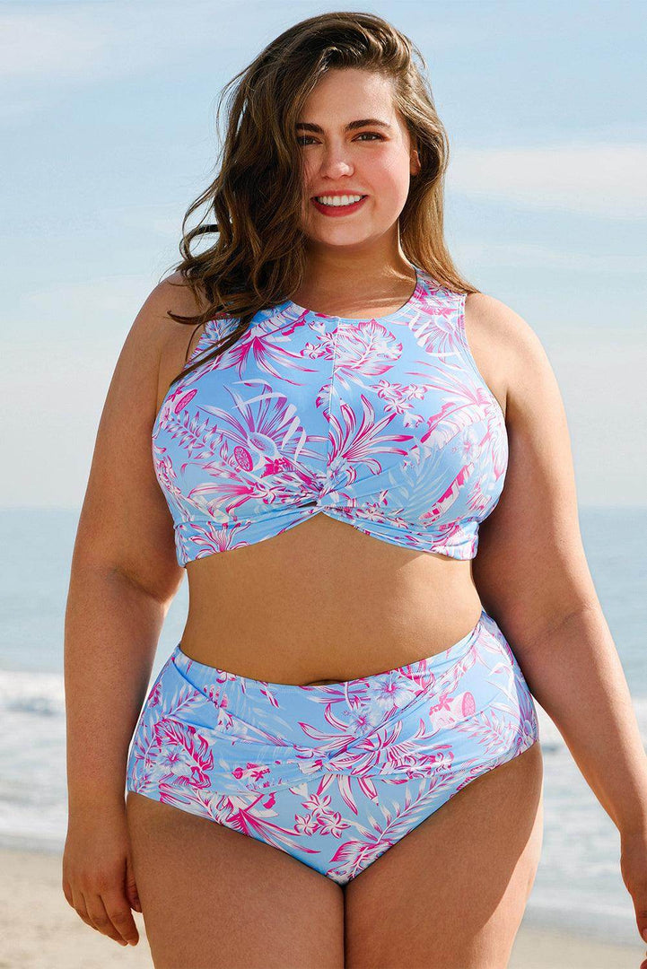 Sky Blue Plus Size Floral Print Twisted High Waist Bikini Set - Fashion Queen -  7