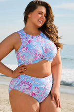 Load image into Gallery viewer, Sky Blue Plus Size Floral Print Twisted High Waist Bikini Set - Fashion Queen -  8
