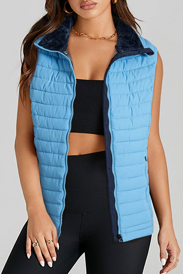 Sky Blue Plush Collared Quilted Zipped Puffer Vest - Fashion Queen -  1