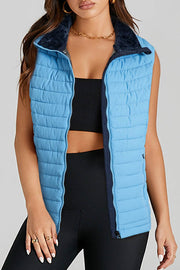 Sky Blue Plush Collared Quilted Zipped Puffer Vest - Fashion Queen -  1