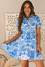 Load image into Gallery viewer, Sky Blue Retro Floral Print Drawstring Waist Ruffled Mini Dress - Fashion Queen -  1

