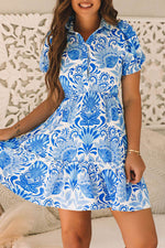 Load image into Gallery viewer, Sky Blue Retro Floral Print Drawstring Waist Ruffled Mini Dress - Fashion Queen -  5
