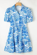 Load image into Gallery viewer, Sky Blue Retro Floral Print Drawstring Waist Ruffled Mini Dress - Fashion Queen -  6
