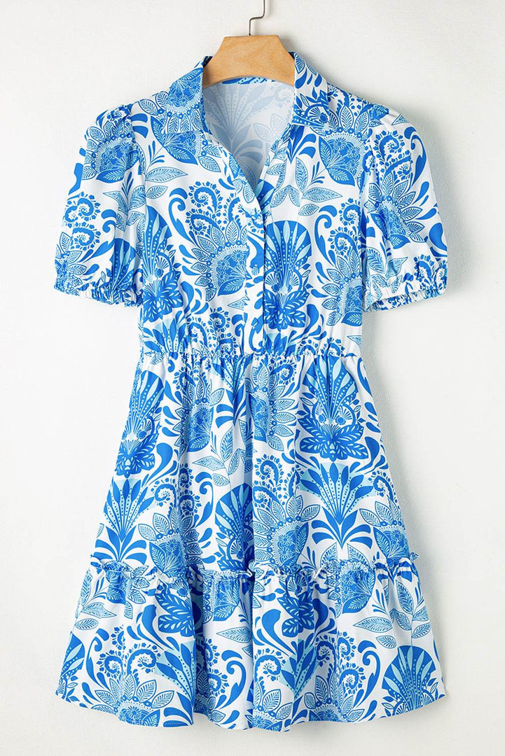 Sky Blue Retro Floral Print Drawstring Waist Ruffled Mini Dress - Fashion Queen -  6