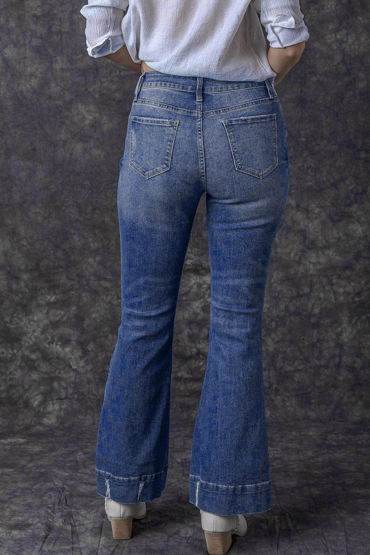 Sky Blue Slight Distressed Medium Wash Flare Jeans - Fashion Queen -  18