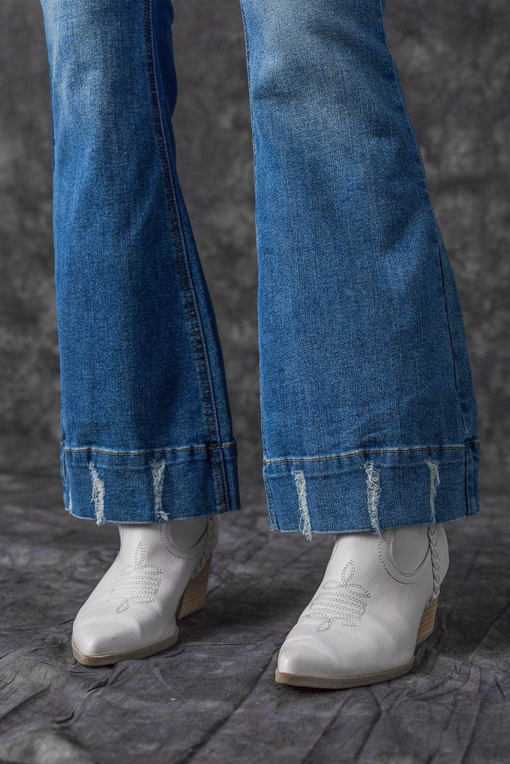 Sky Blue Slight Distressed Medium Wash Flare Jeans - Fashion Queen -  23