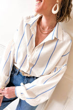 Load image into Gallery viewer, Sky Blue Stripe Drop Shoulder Bubble Sleeve Loose Shirt - Fashion Queen -  1
