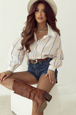 Load image into Gallery viewer, Sky Blue Stripe Drop Shoulder Bubble Sleeve Loose Shirt - Fashion Queen -  10
