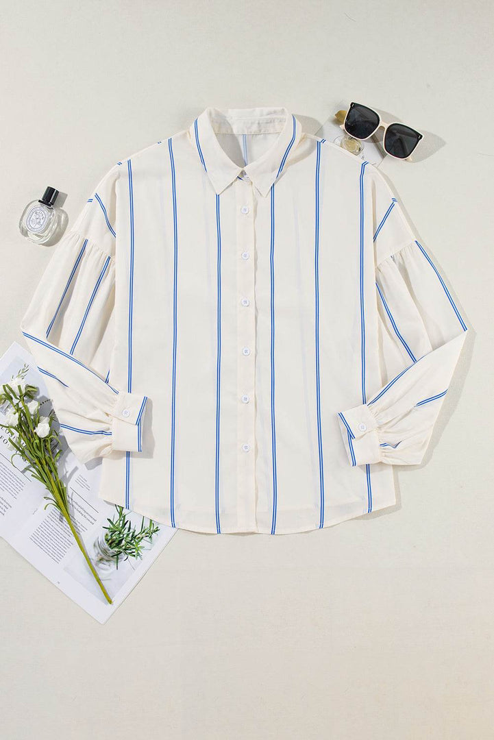 Sky Blue Stripe Drop Shoulder Bubble Sleeve Loose Shirt - Fashion Queen -  13