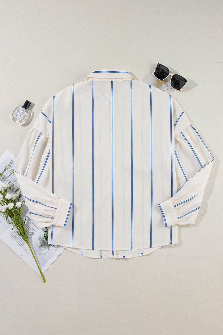 Sky Blue Stripe Drop Shoulder Bubble Sleeve Loose Shirt - Fashion Queen -  14