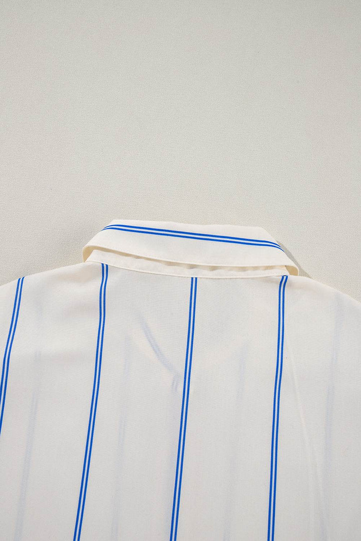Sky Blue Stripe Drop Shoulder Bubble Sleeve Loose Shirt - Fashion Queen -  15