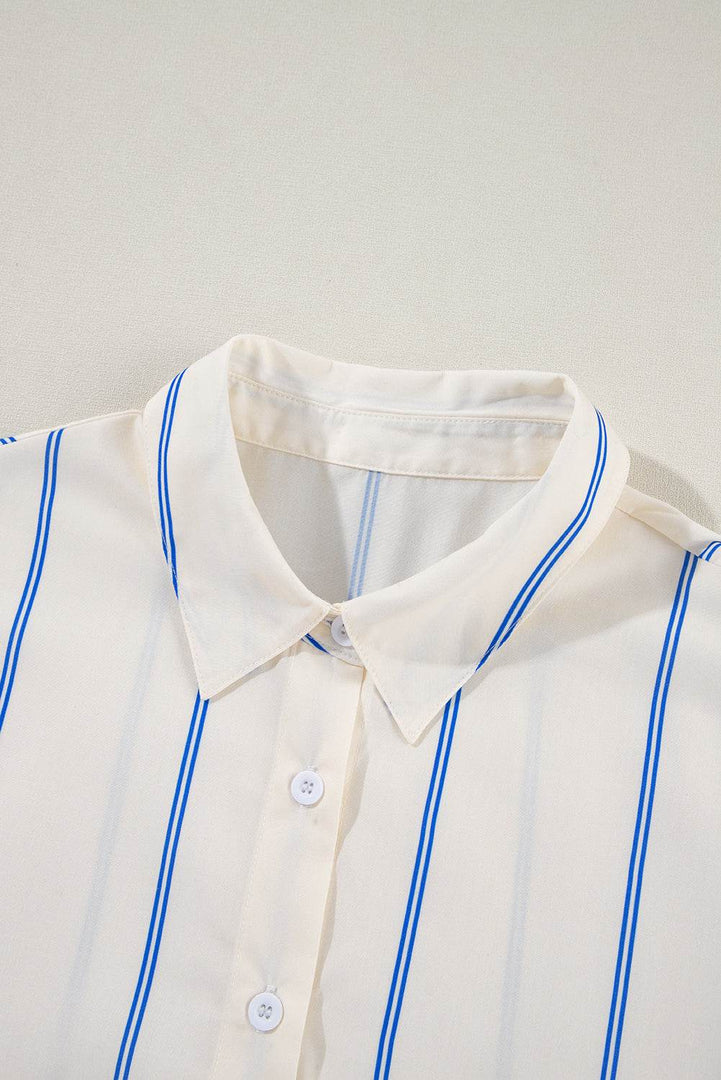 Sky Blue Stripe Drop Shoulder Bubble Sleeve Loose Shirt - Fashion Queen -  16