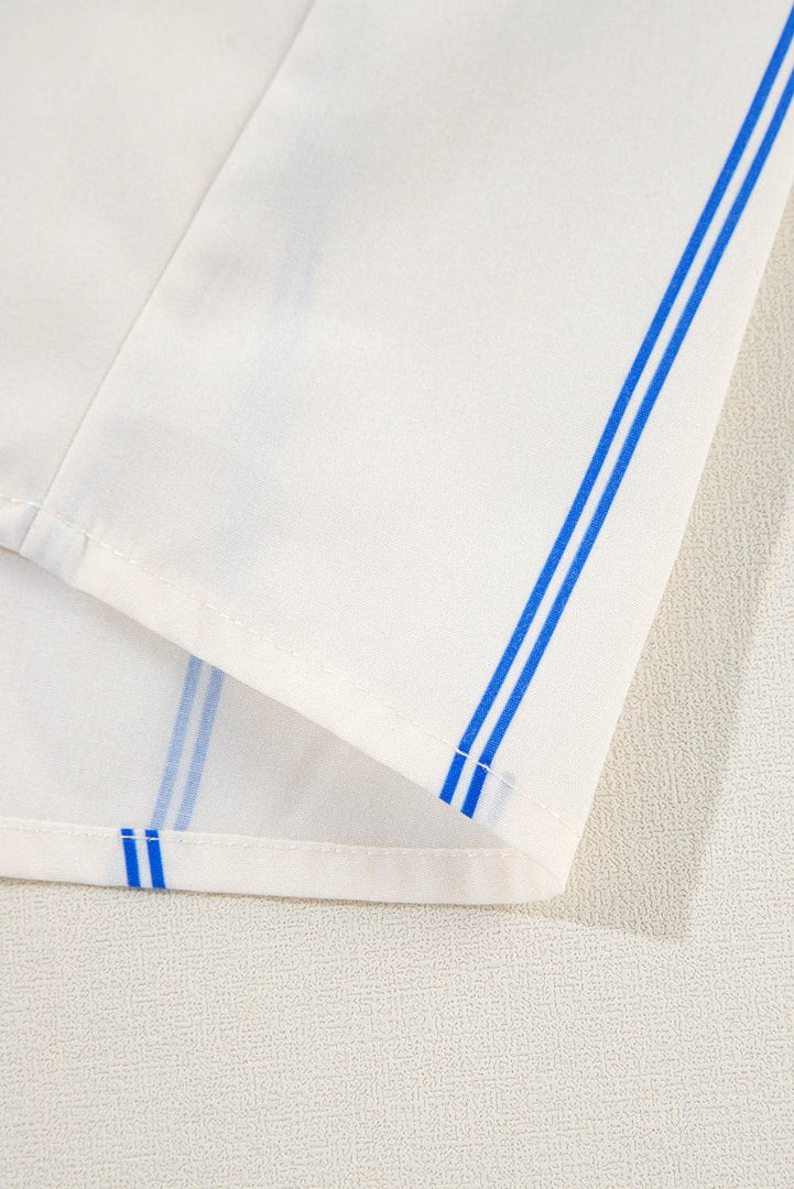 Sky Blue Stripe Drop Shoulder Bubble Sleeve Loose Shirt - Fashion Queen -  19
