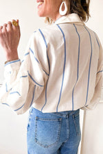 Load image into Gallery viewer, Sky Blue Stripe Drop Shoulder Bubble Sleeve Loose Shirt - Fashion Queen -  2
