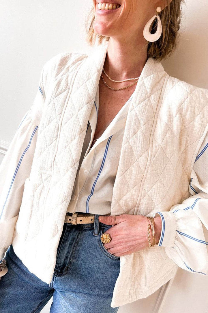 Sky Blue Stripe Drop Shoulder Bubble Sleeve Loose Shirt - Fashion Queen -  3