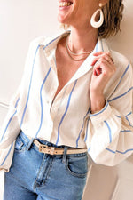 Load image into Gallery viewer, Sky Blue Stripe Drop Shoulder Bubble Sleeve Loose Shirt - Fashion Queen -  4
