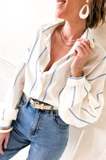 Load image into Gallery viewer, Sky Blue Stripe Drop Shoulder Bubble Sleeve Loose Shirt - Fashion Queen -  6
