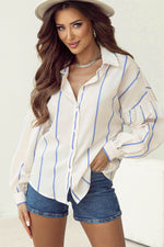 Load image into Gallery viewer, Sky Blue Stripe Drop Shoulder Bubble Sleeve Loose Shirt - Fashion Queen -  7
